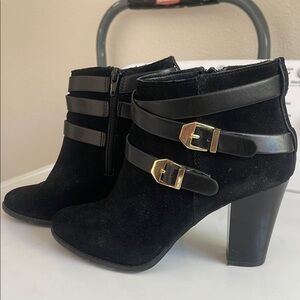 Elegant Black Ankle Boots with Gold Buckles